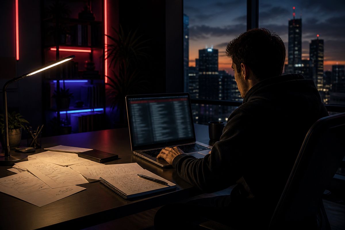 A researcher analyzing Hidden Wiki links on a laptop in a stylish office setting, highlighting online privacy exploration.