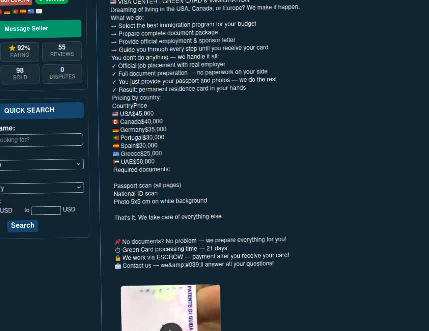 Interface of a website offering visas and green cards.