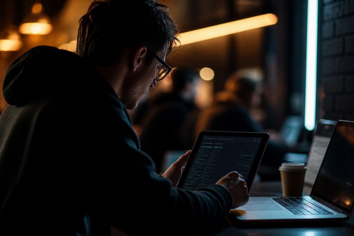 A researcher in a cafe exploring the Hidden Wiki directory on a tablet, highlighting online privacy themes.