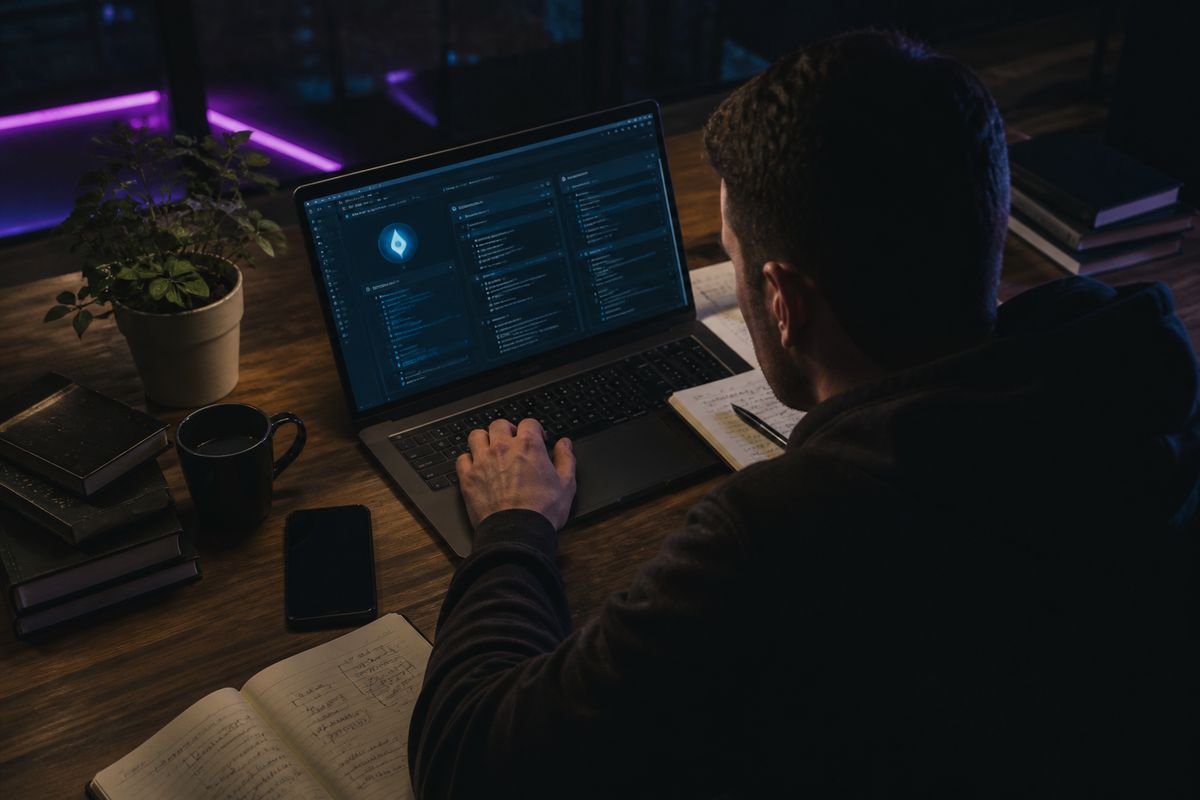 A researcher examining the Hidden Wiki on a laptop in a dimly lit co-working space, surrounded by notes and a coffee cup.
