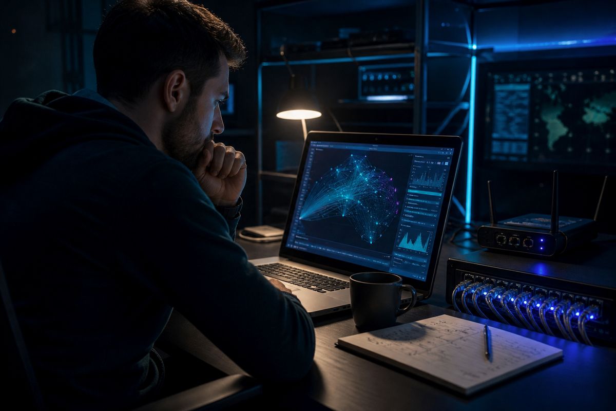 A researcher analyzing Tor network traffic in a modern workspace, highlighting the complexities of the dark web.
