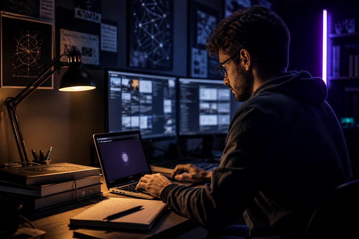 A researcher diligently working with Tor Browser in a modern, dimly lit workspace focused on dark web resources.
