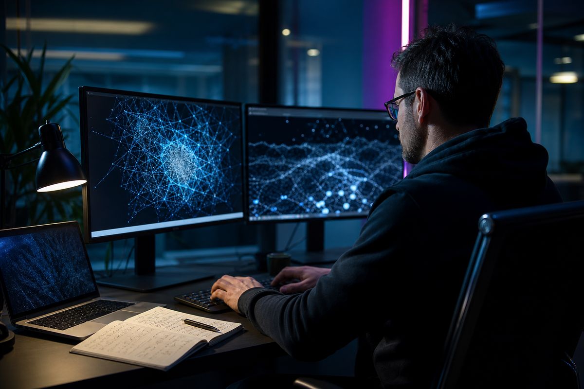 A system administrator in a modern office analyzing deep web resources on dual monitors, reflecting the article's focus on technology and accessibility.