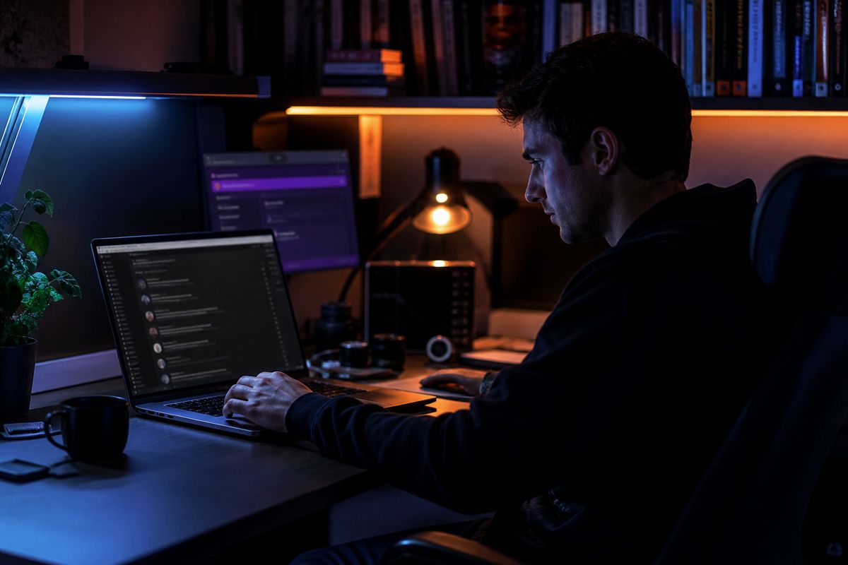 A researcher browsing Reddit for Deep Web resources in a cozy home office.