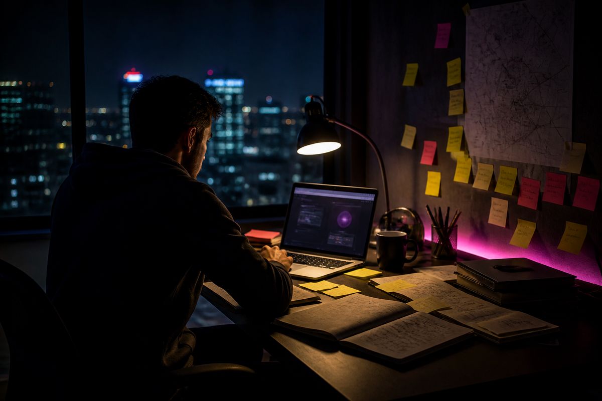 A researcher focused on laptop analyzing dark web directories in a modern workspace.