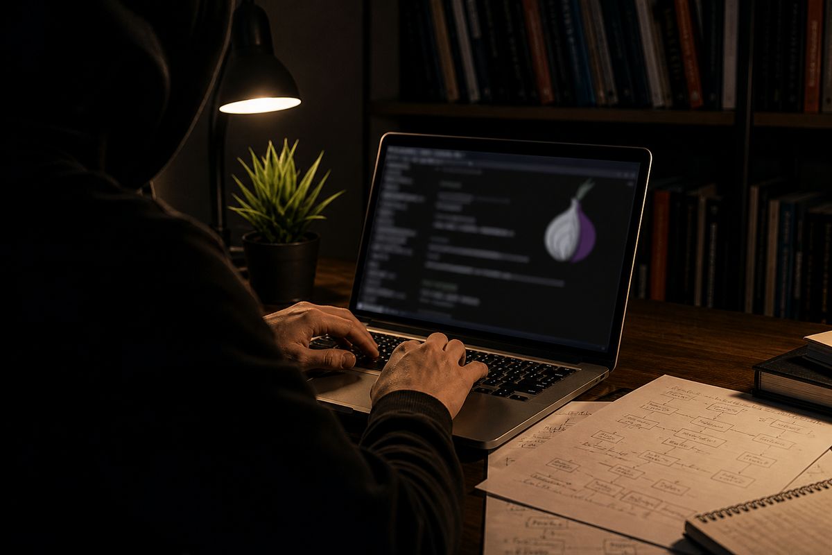 A researcher focused on a laptop, studying the Hidden Wiki in a dimly lit room, surrounded by tech resources.