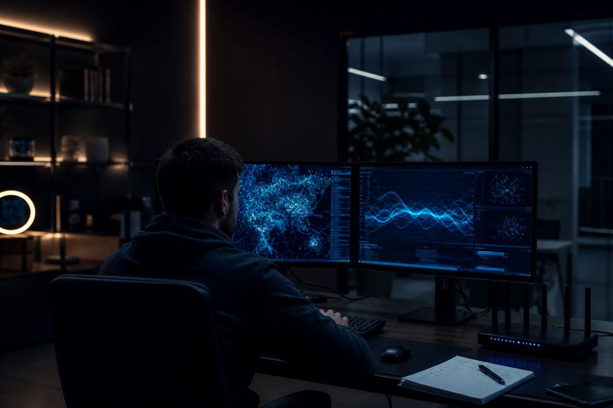 A system administrator examining dark web traffic analytics on dual monitors in a modern office.