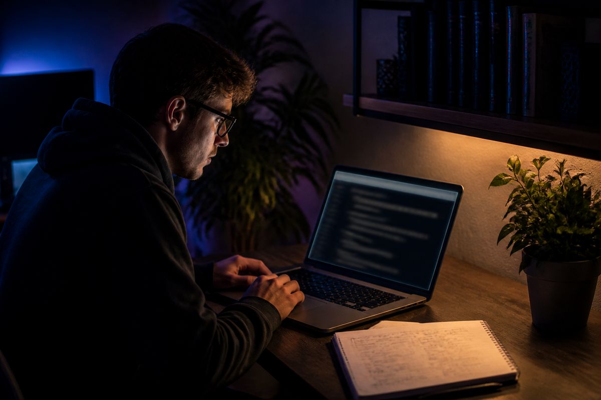 A researcher in a modern home office studying Tor Wiki links on a laptop, highlighting online privacy.