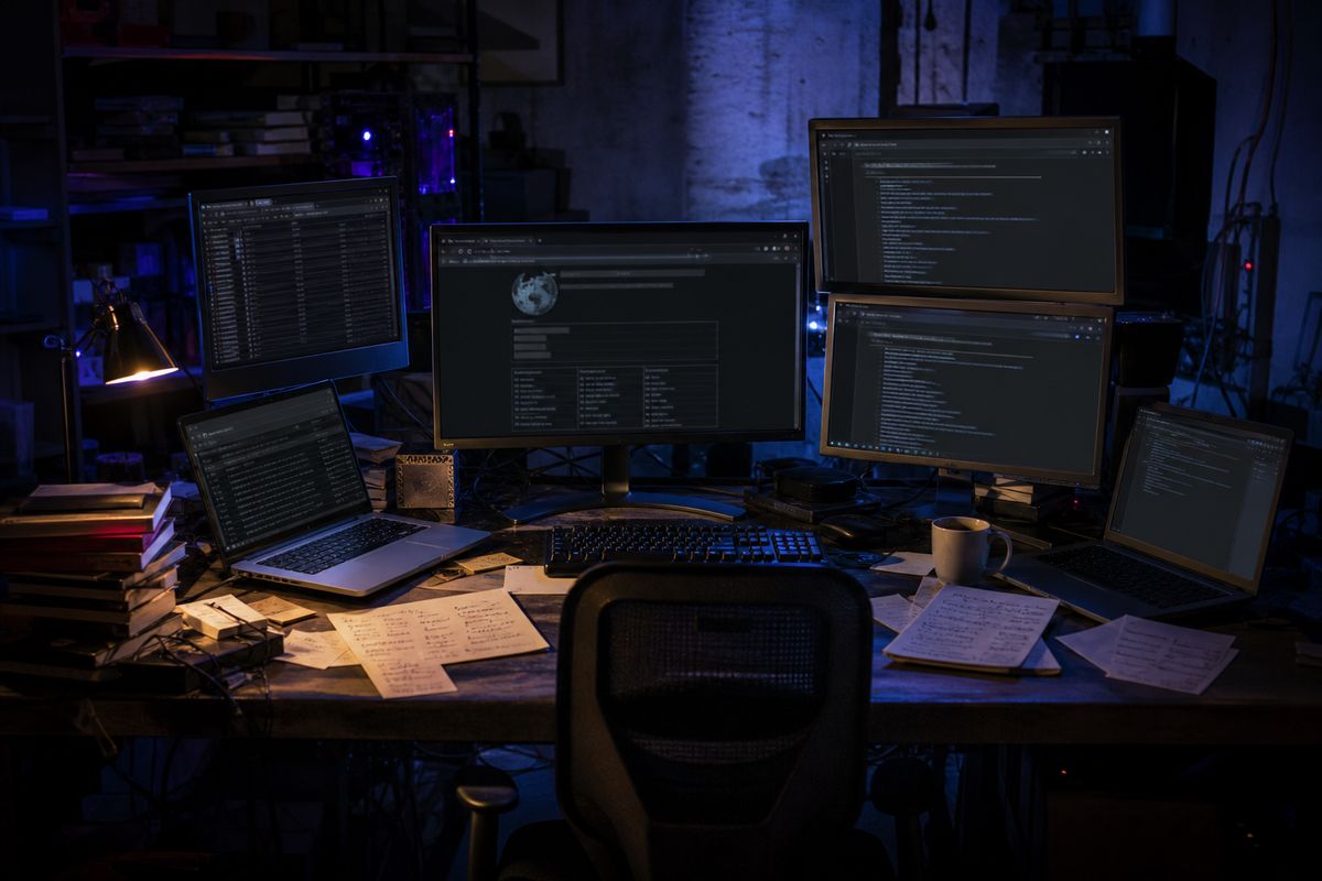 A basement workspace with multiple monitors showing links from the Hidden Wiki, reflecting dark web research.