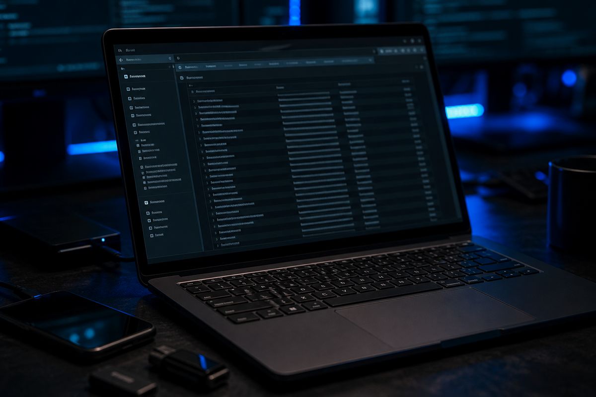 A modern workspace showing a laptop with the Hidden Wiki directory, emphasizing dark web exploration.