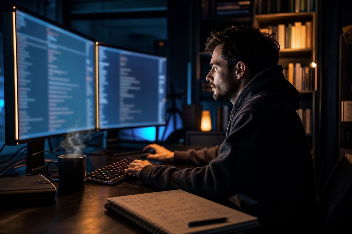 A researcher in a modern office analyzing the Hidden Wiki on dual monitors with blurred content.