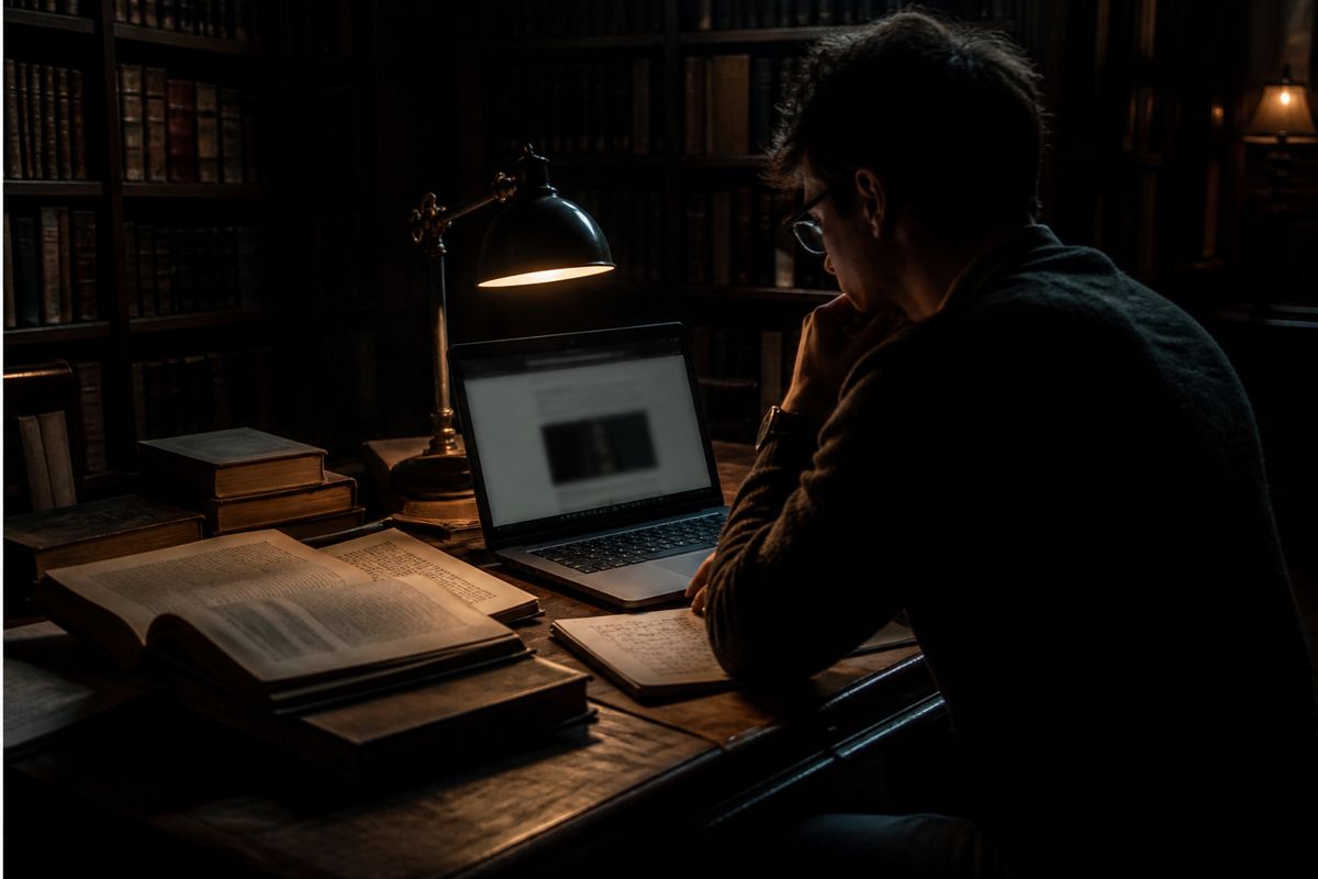 A researcher in a dark library studying the Hidden Wiki, illustrating the search for unfiltered information on the dark web.