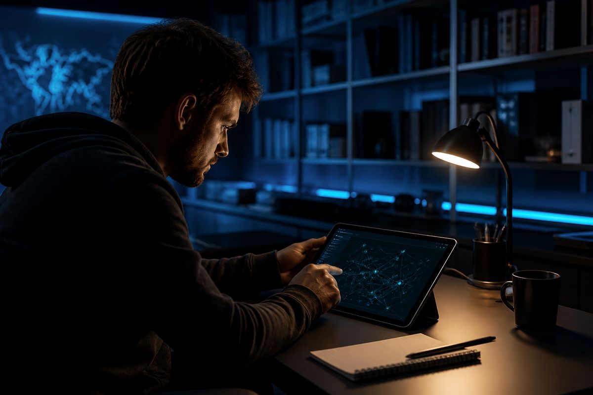 A researcher in a dimly lit office examining dark web links on a tablet, surrounded by security books and a notepad.